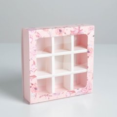 Коробка на 9 конфет с окном "Розовые цветы" 14,5х14,5х3,5 см 6030111