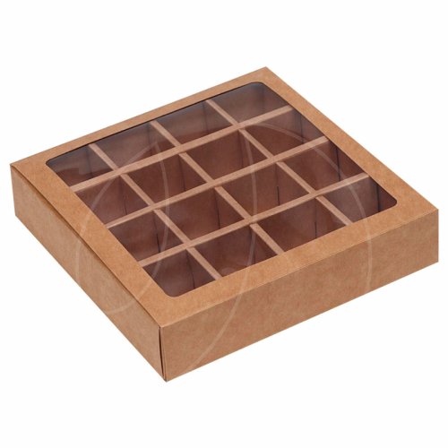 Коробка на 16 конфет с окном крафт 17,7х17,7х3,7 см КУ-237 